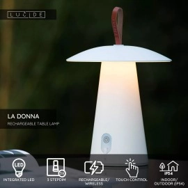 LA DONNA uzlādējama āra galda lampa Ø19,7 cm LED 2W 2700K balta (Lucide)