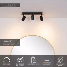 LENNERT vannas istabas griestu prožektors GU10 LED 3x5W 3000K IP44 melns (Lucide)