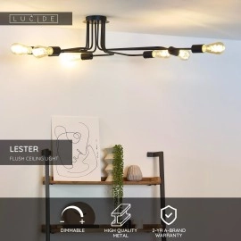 LESTER griestu lampa 8xE27 40W melna (Lucide)