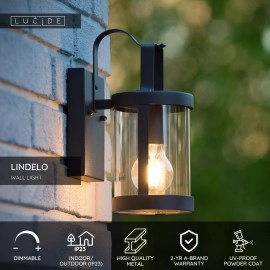 LINDELO āra sienas lampa 1×40W E27 melna (Lucide)