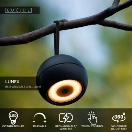 LUNEX uzlādējama āra sienas lampa LED 1×2W 3000K melna (Lucide)