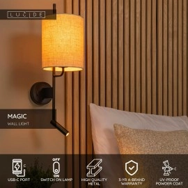 MAGIC sienas gaismeklis 1xE27 40 W ar USB melns (Lucide)