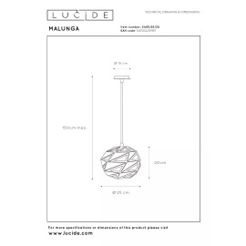 MALUNGA piekaramā lampa Ø25 E27 melna (Lucide)