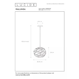 MALUNGA piekaramā lampa Ø25 E27 balta (Lucide)
