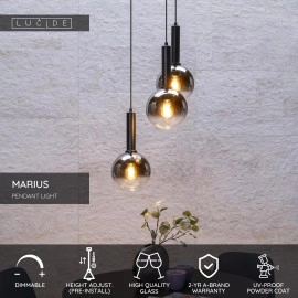 MARIUS piekaramā lampa Ø 48,5 cm 3xE27 melna / dūmakaini pelēka (Lucide)