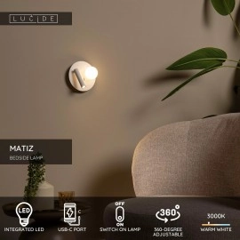 MATIZ LED gultas/sienas lampa Ø16,5 cm 3000K USB balta (Lucide)