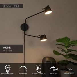 MILNE sienas lampa LED 2x8 W 2700 K melna (Lucide)