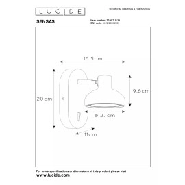 SENSAS gaismeklis 21,5 cm × 13,7 cm × 17,8 cm 1x12W balta (Lucide)