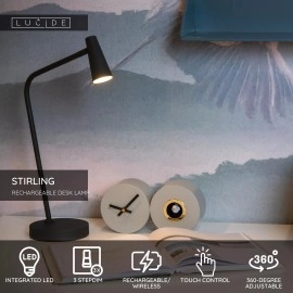 STIRLING uzlādējama LED galda lampa 3 W 2700 K melna (Lucide)
