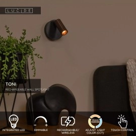 TONI uzlādējams sienas prožektors LED 2W CCT magnētisks kafijas brūna (Lucide)
