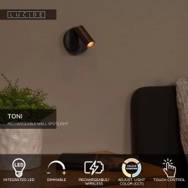 TONI uzlādējams sienas prožektors LED 2W CCT ar sensoru pelēka dzelzs (Lucide)