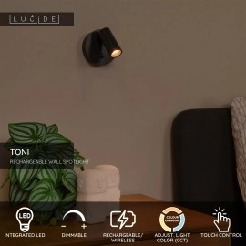 TONI uzlādējams sienas prožektors LED 2W CCT ar sensoru melna (Lucide)