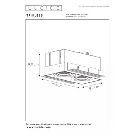 TRIMLESS iebūvējamais griestu prožektors 18,5 cm × 9,7 cm × 9 cm 2x50W melna (Lucide)