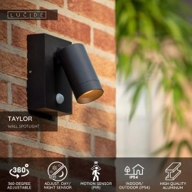 Āra sienas prožektors TAYLOR 1xGU10, IP54, sensors, melns (Lucide)