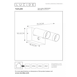 Āra sienas prožektors TAYLOR 2xGU10, IP54, sensors, melns (Lucide)