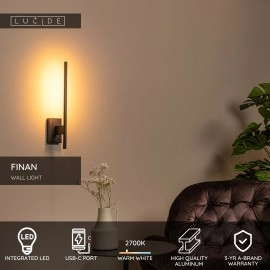 FINAN LED sienas lampa 6 W 2700 K ar USB-C melna (Lucide)
