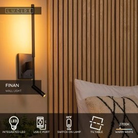 FINAN LED sienas lampa 6+3 W 2700 K ar USB-C melna (Lucide)