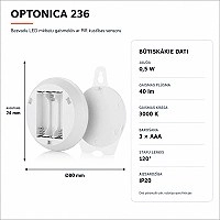 LED mēbeļu gaismeklis ar PIR sensoru 0,5W 40lm 3000K balts (Optonica 236)
