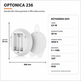 LED mēbeļu gaismeklis ar PIR sensoru 0,5W 40lm 3000K balts (Optonica 236)