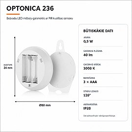 LED mēbeļu gaismeklis ar PIR sensoru 0,5W 40lm 3000K balts (Optonica 236)