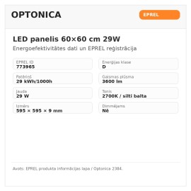 LED panelis 60×60 cm 29W, 3600lm, 2700K, ar draiveri (OPTONICA)