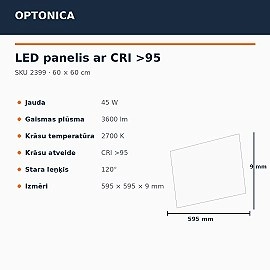 LED panelis 60×60 cm 45W 3600lm 2700K CRI>95 (Optonica 2399)