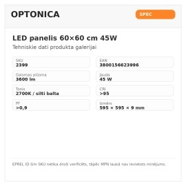 LED panelis 60×60 cm 45W, 3600lm, 2700K, CRI>95 (OPTONICA)