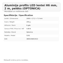 Alumīnija profils LED lentei H6 mm, 2 m, pelēks (OPTONICA)