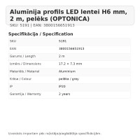 Alumīnija profils LED lentei H6 mm, 2 m, pelēks (OPTONICA)