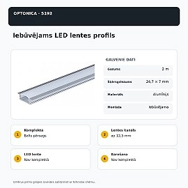 Iebūvējams alumīnija LED lentes profils ar baltu pārsegu, 2 m (Optonica 5192)