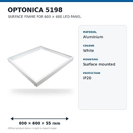 OPTONICA 5198 balts virsapmetuma rāmis 600×600mm LED panelim