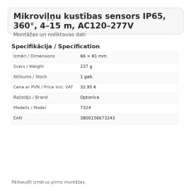 Mikroviļņu kustības sensors IP65, 360°, 4–15 m, AC120–277V (OPTONICA)