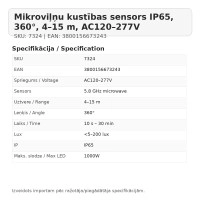 Mikroviļņu kustības sensors IP65, 360°, 4–15 m, AC120–277V (OPTONICA)