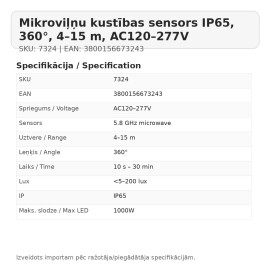 Mikroviļņu kustības sensors IP65, 360°, 4–15 m, AC120–277V (OPTONICA)