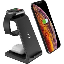 Bezvadu lādētājs 3‑in‑1 ar telefona statīvu Samsung ierīcēm, melns (Optonica)