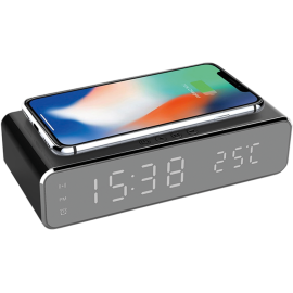 Bezvadu lādētājs-pulkstenis ar termometru, USB un modinātāju, melns (Optonica)