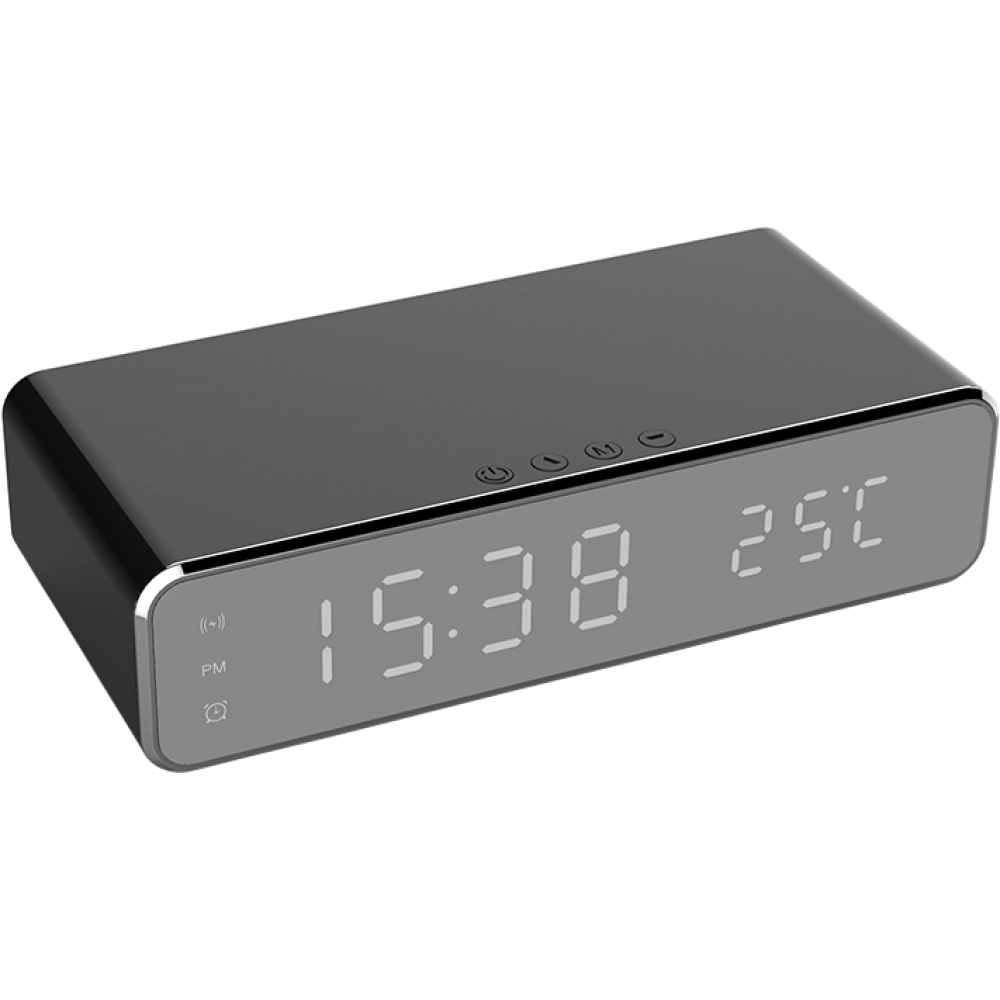 Bezvadu lādētājs-pulkstenis ar termometru, USB un modinātāju, melns (Optonica)