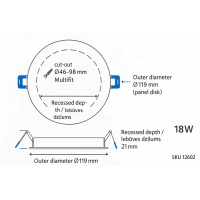 LED plānais mini panelis apaļš 18W, 3CCT, RA≥80