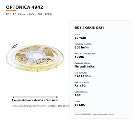 COB LED sloksne 24V 10W/m 900lm/m 4000K IP20, 1 m (Optonica 4942)