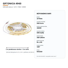 COB LED sloksne 24V 10W/m 900lm/m 3000K IP20, 1 m (Optonica 4943)