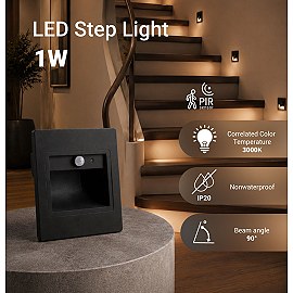 LED pakāpienu gaismeklis 1W, 80lm, 3000K, IP20, melns ar PIR sensoru (Optonica 7555)