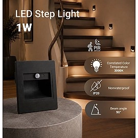 LED pakāpienu gaismeklis 1W, 80lm, 3000K, IP20, melns ar PIR sensoru (Optonica 7555)