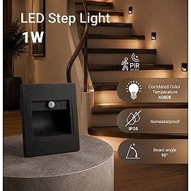 LED pakāpienu gaismeklis 1W, 80lm, 4000K, IP20, melns ar PIR sensoru (Optonica 7556)