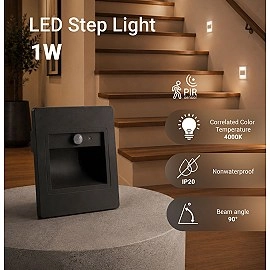 LED pakāpienu gaismeklis 1W, 80lm, 4000K, IP20, pelēks ar PIR sensoru (Optonica 7558)