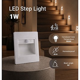 LED pakāpienu gaismeklis 1W, 80lm, 3000K, IP20, balts ar PIR sensoru (Optonica 7559)
