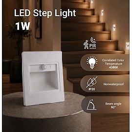 LED pakāpienu gaismeklis 1W, 80lm, 4000K, IP20, balts ar PIR sensoru (Optonica 7560)