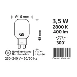 LED spuldze G9 3.5W, 2800K silti balta, 400 lm, 300° (Optonica)