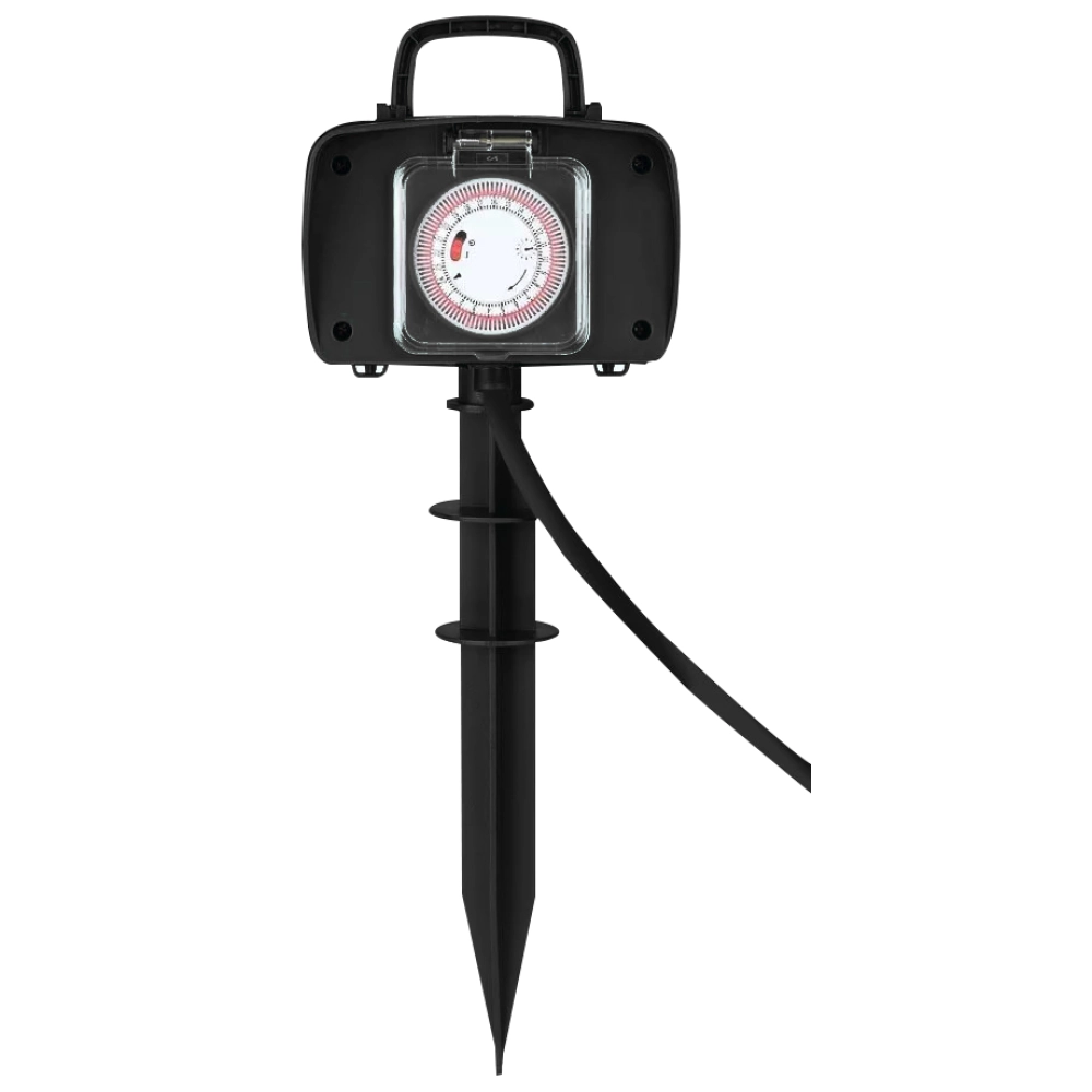 Dārza pagarinātājs ar taimeri un 2 rozetēm, 5 m kabeli, 230V 16A, maks. 3500W, IP44, melns (Optonica)