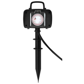 Dārza pagarinātājs ar taimeri un 2 rozetēm, 5 m kabeli, 230V 16A, maks. 3500W, IP44, melns (Optonica)