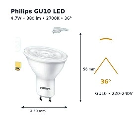 GU10 LED spuldze, 4,7W, 380lm, 2700K, 36°, nedimmējama (Philips)